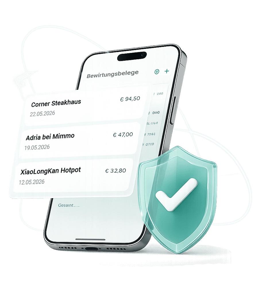 Fiscara-App mit Liste fertiger Bewirtungsbelege und geprüftem Häkchen